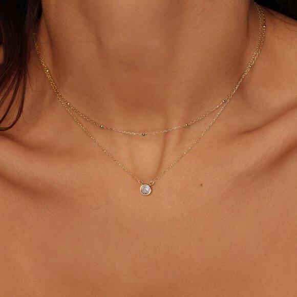 Women's Gold Necklace-14k Gold Plated Solitaire Cubic Zirconia Necklace - Picture 4 of 7